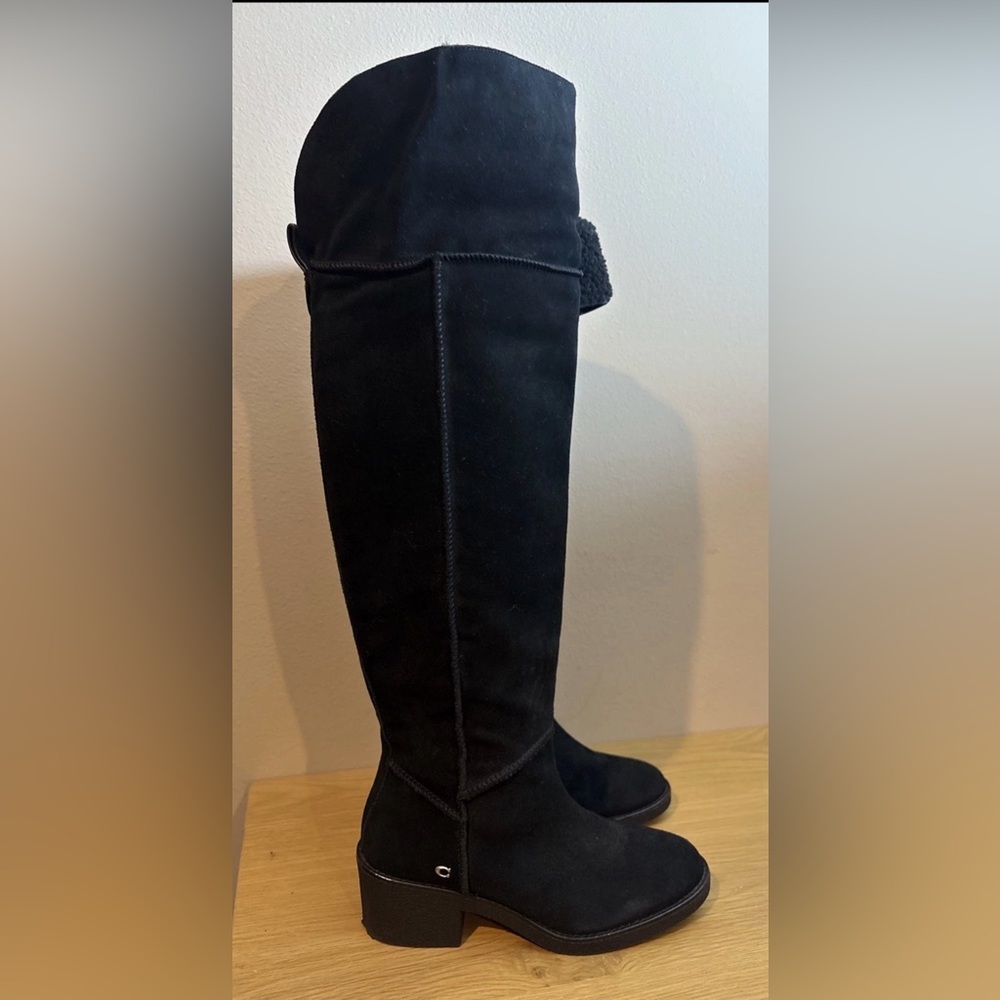 Coach Janelle Black Suede Shearling Over-the-Knee Heel Boots Womens Size US 6